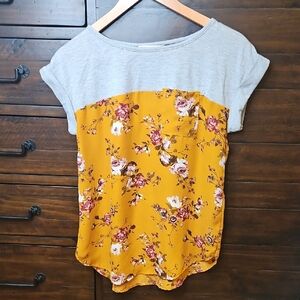 Rewind Mustard Floral Short Sleeve Top with Heather Gray Yoke